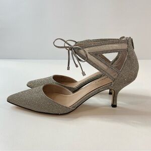 Silver Sequin Browns Steel Heels 5.5 Party Shoe Elegant Ankle Tie Kitten Heels